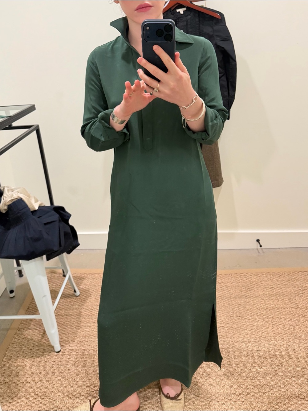 ANN MASHBURN Forest Green Long Sleeve Maxi Dress Silk Crepe De Chine